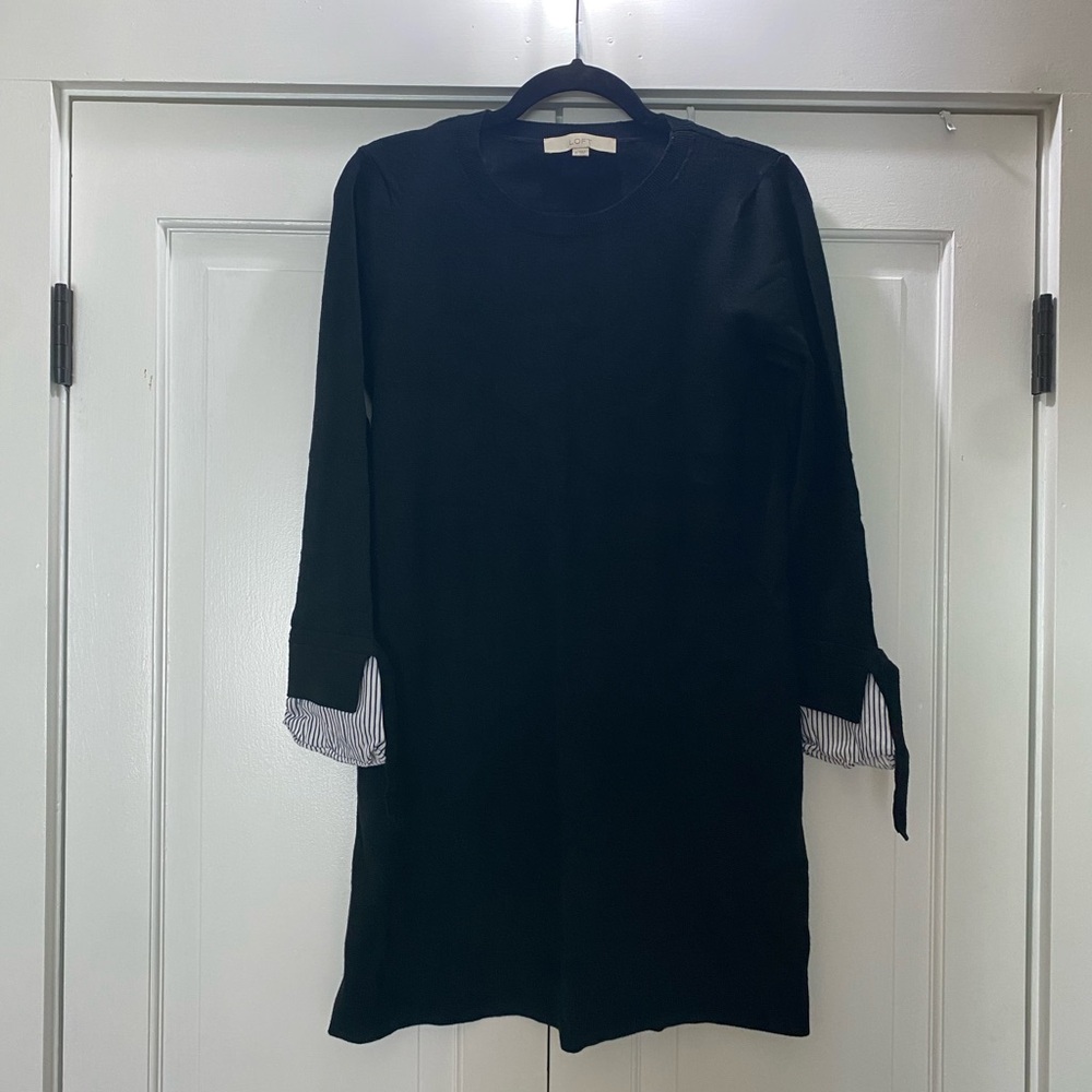 LOFT Black Mini Dress with Striped Cuffs